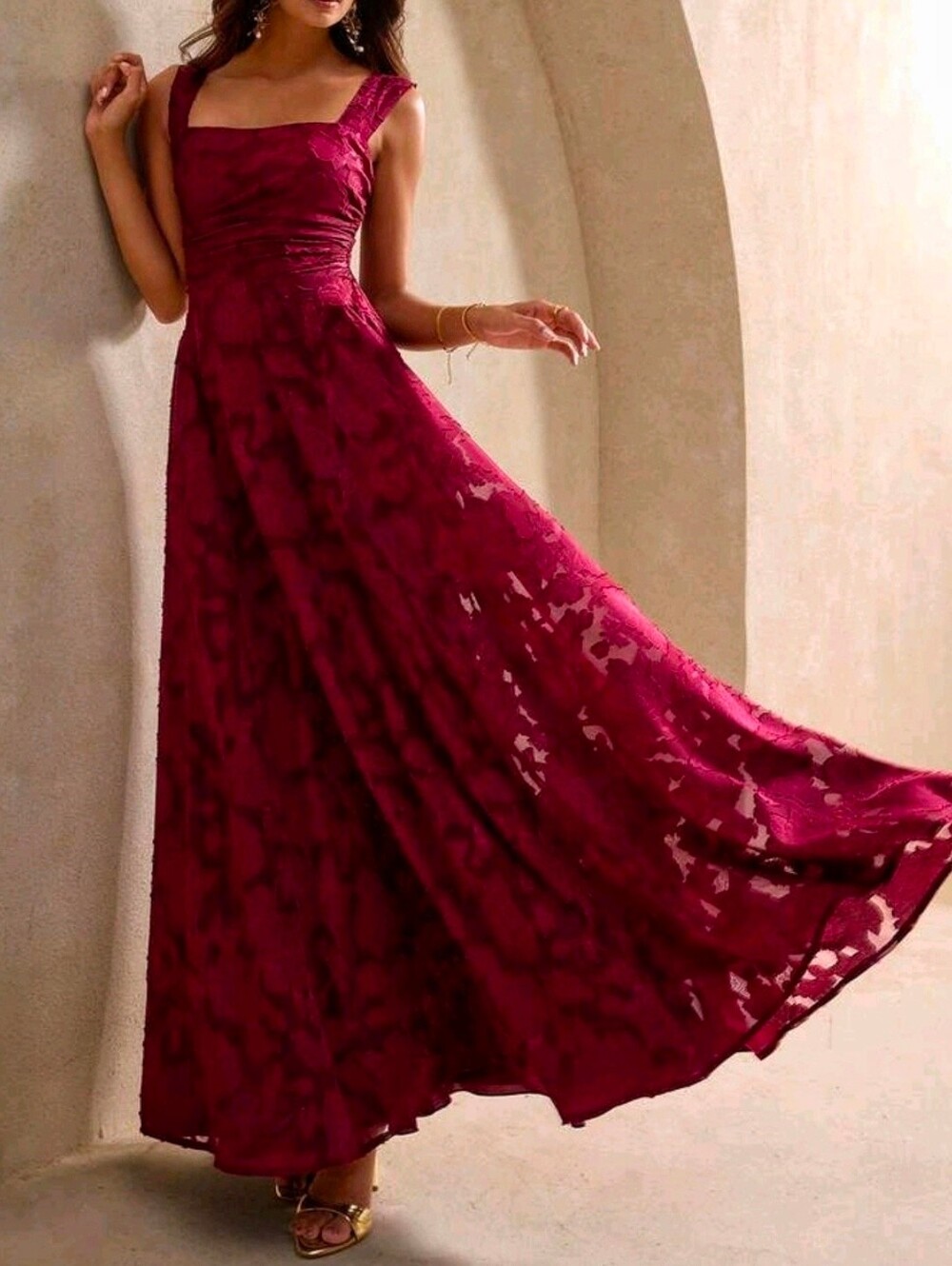 New Luxe Floral Jacquard Ruched Cami Maxi Dress Burgundy Red Wine